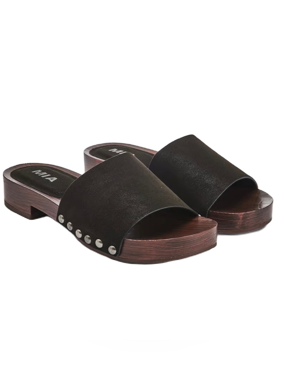 Mia NWT Women's Lanell Wood Bottom Slide Sandal Black Studded Size 8